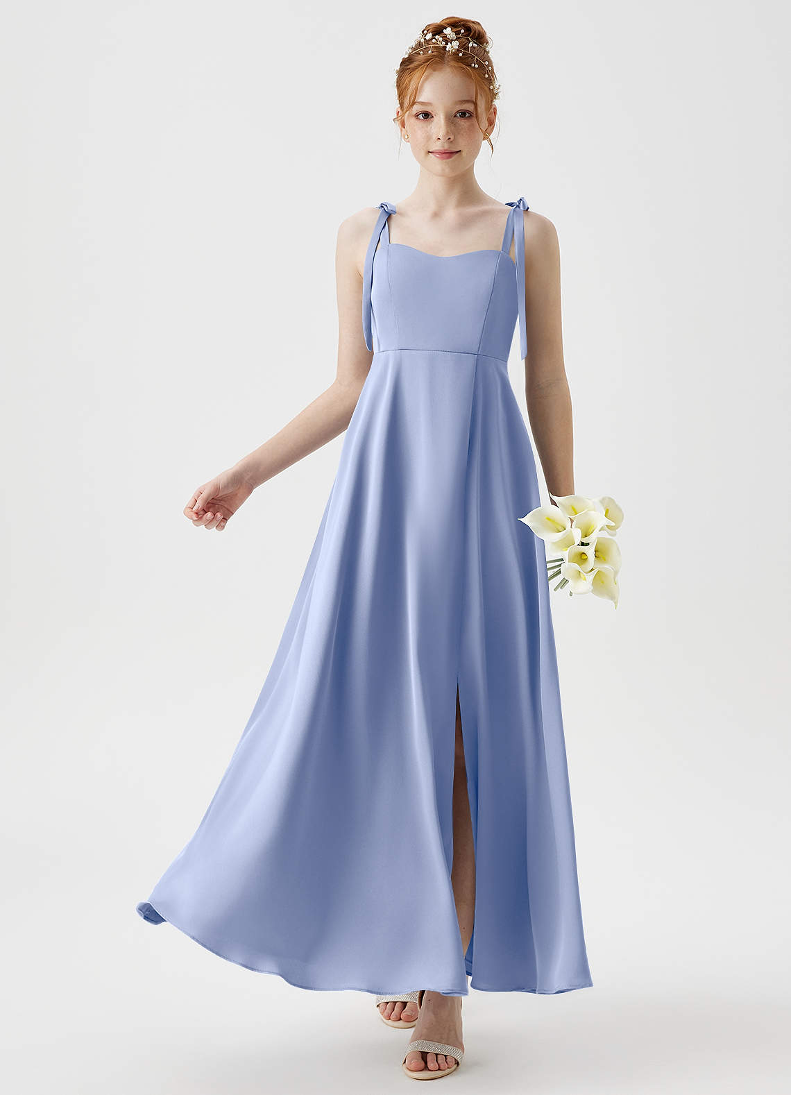 Azazie Rosey Junior Robe Trapèze en Satin extensible Encolure en Forme de Cœur Eis image1