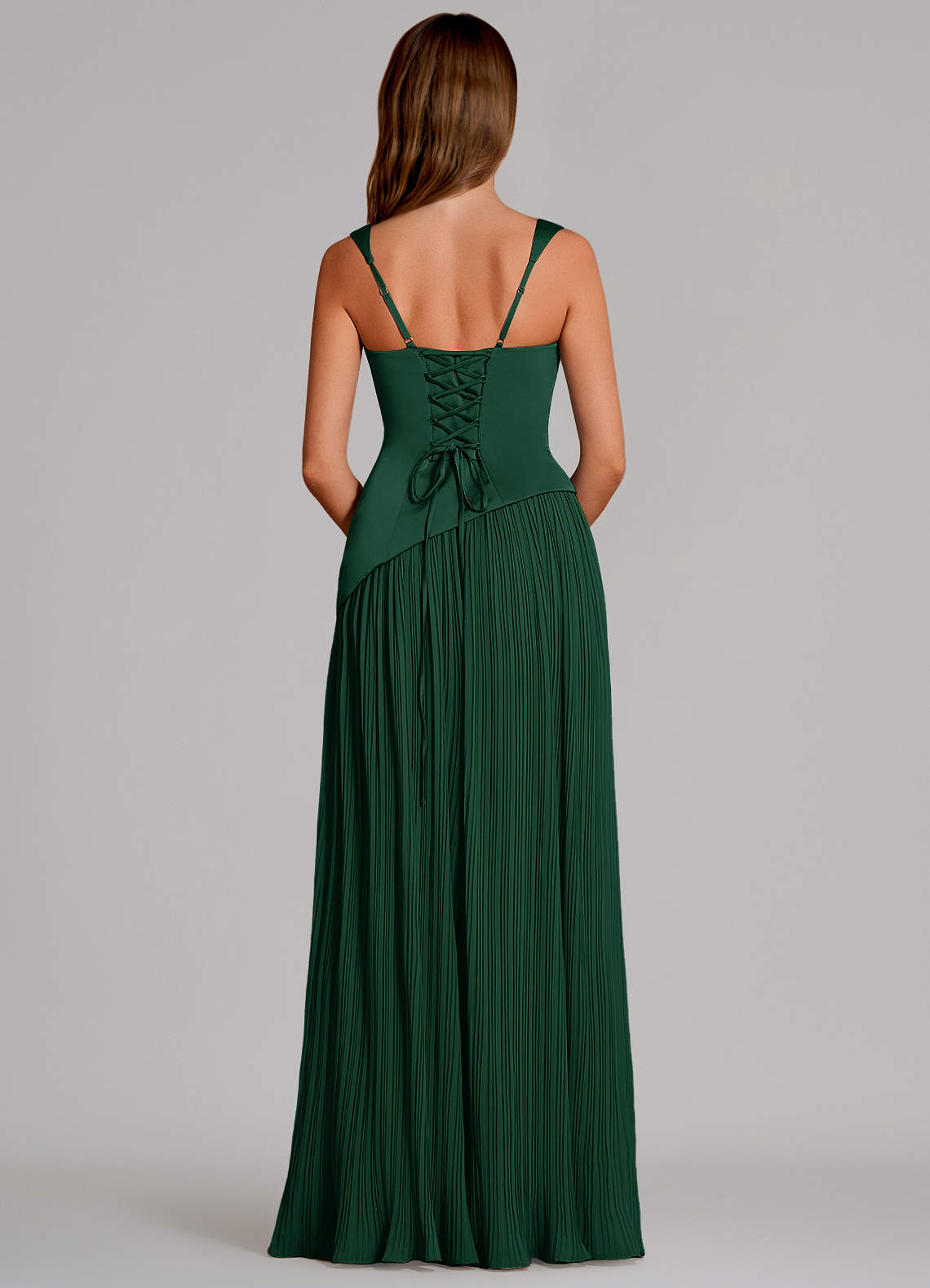 Azazie Stephanie Vestidos de damas de honor Vestido de Verde Oscuro de Satén Elástico de Corte en A con Plisado image4