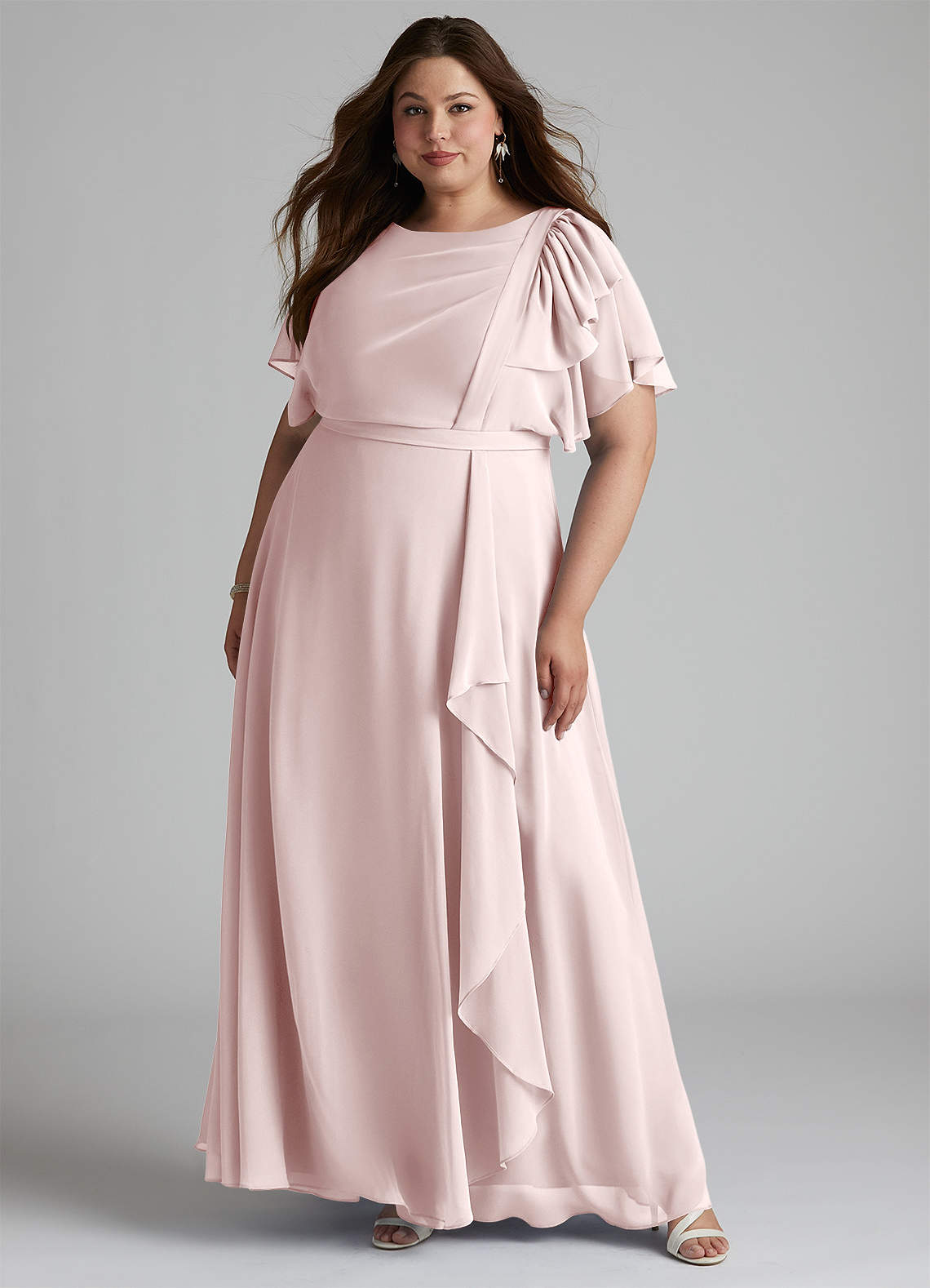 Azazie Aaliyah Bescheidene Brautjungfernkleider A-Linie Schaufel Gefaltet Chiffon Bodenlänge Kleid image1