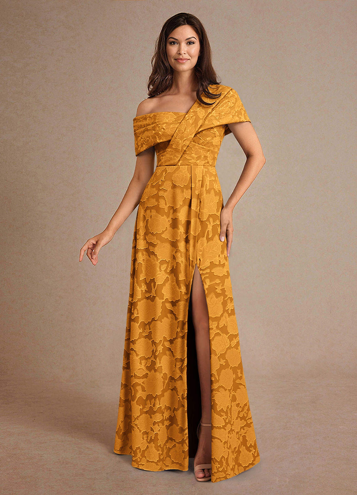 Azazie Milton Mother of the Bride Dresses Butterscotch A-Line Pleated Floral Burnout Dress image1
