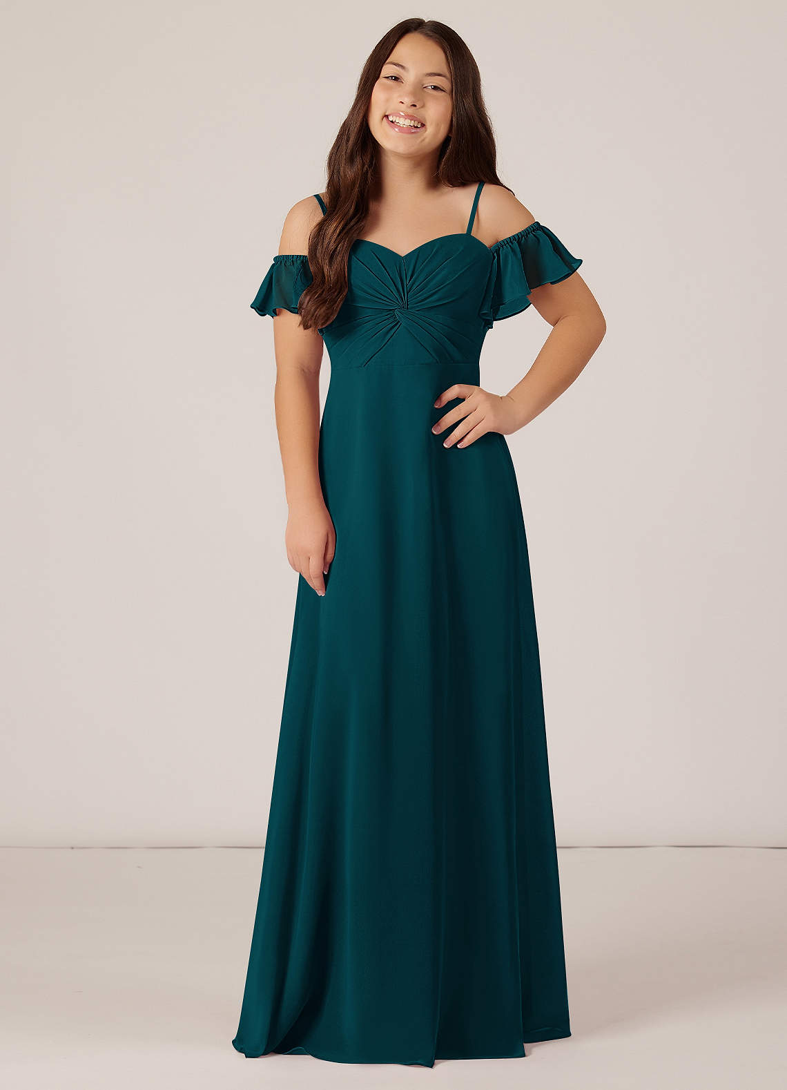 Azazie Juna Junior Pine A-Line Off the Shoulder Chiffon Dress image1