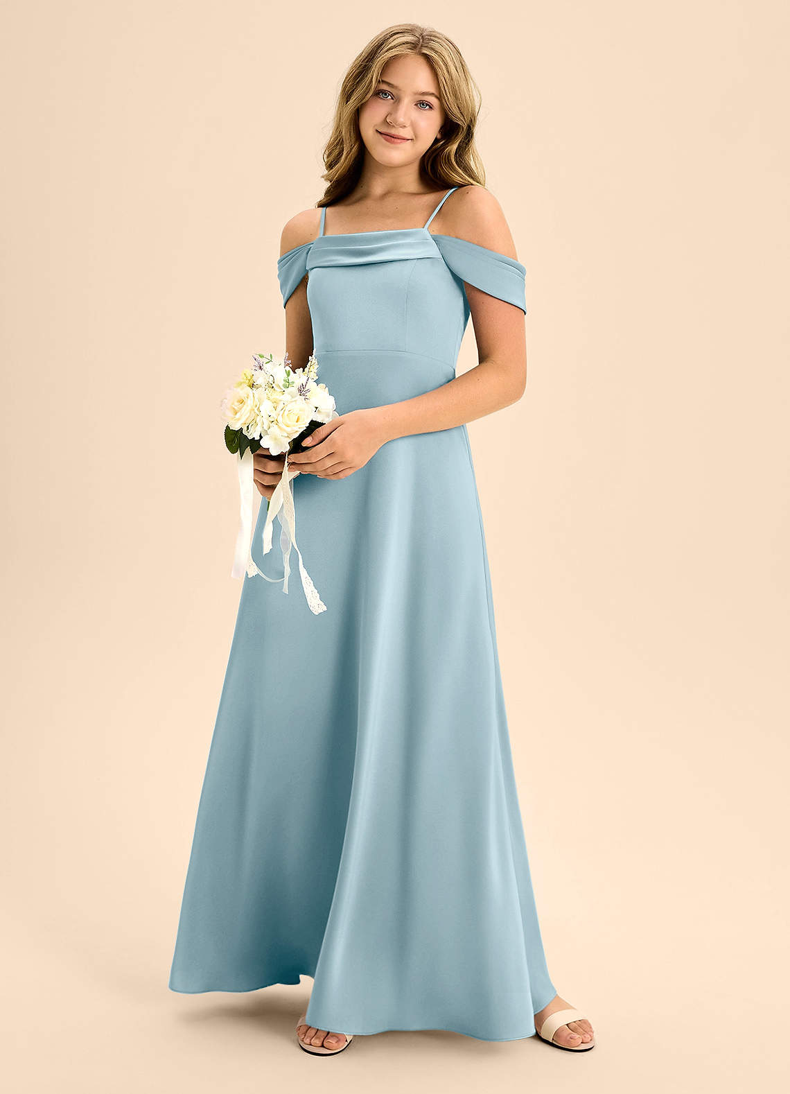 Azazie Anselie Junior Moody Blue A-Line Off the Shoulder Stretch Satin Dress image1