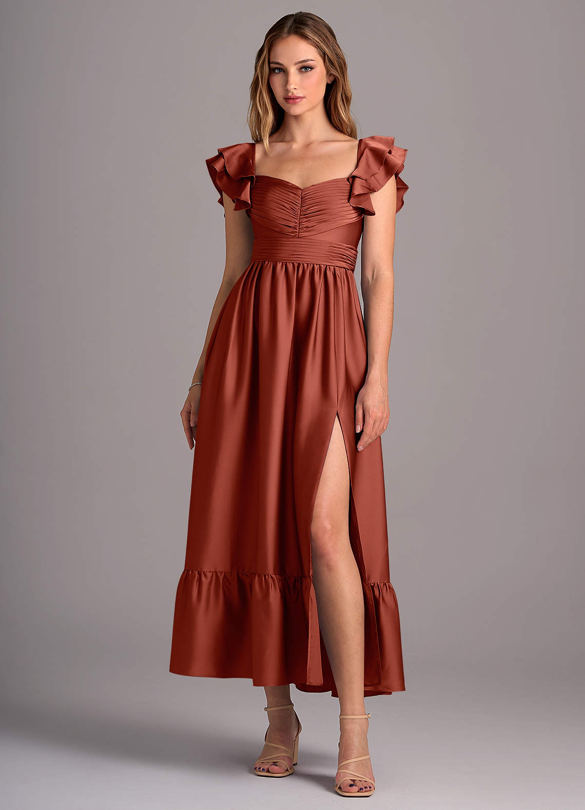 Azazie Anaya Bridesmaid Dresses Terracotta A-Line Sweetheart Neckline Stretch Satin Convertible Dress image1