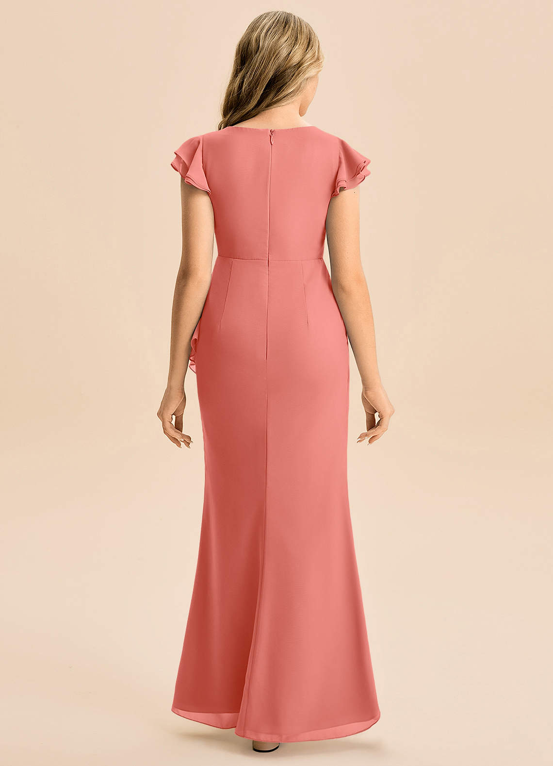 Azazie Julie Junior Vestido de Rosa Salmón de Gasa de Corte Sirena con Volante image4