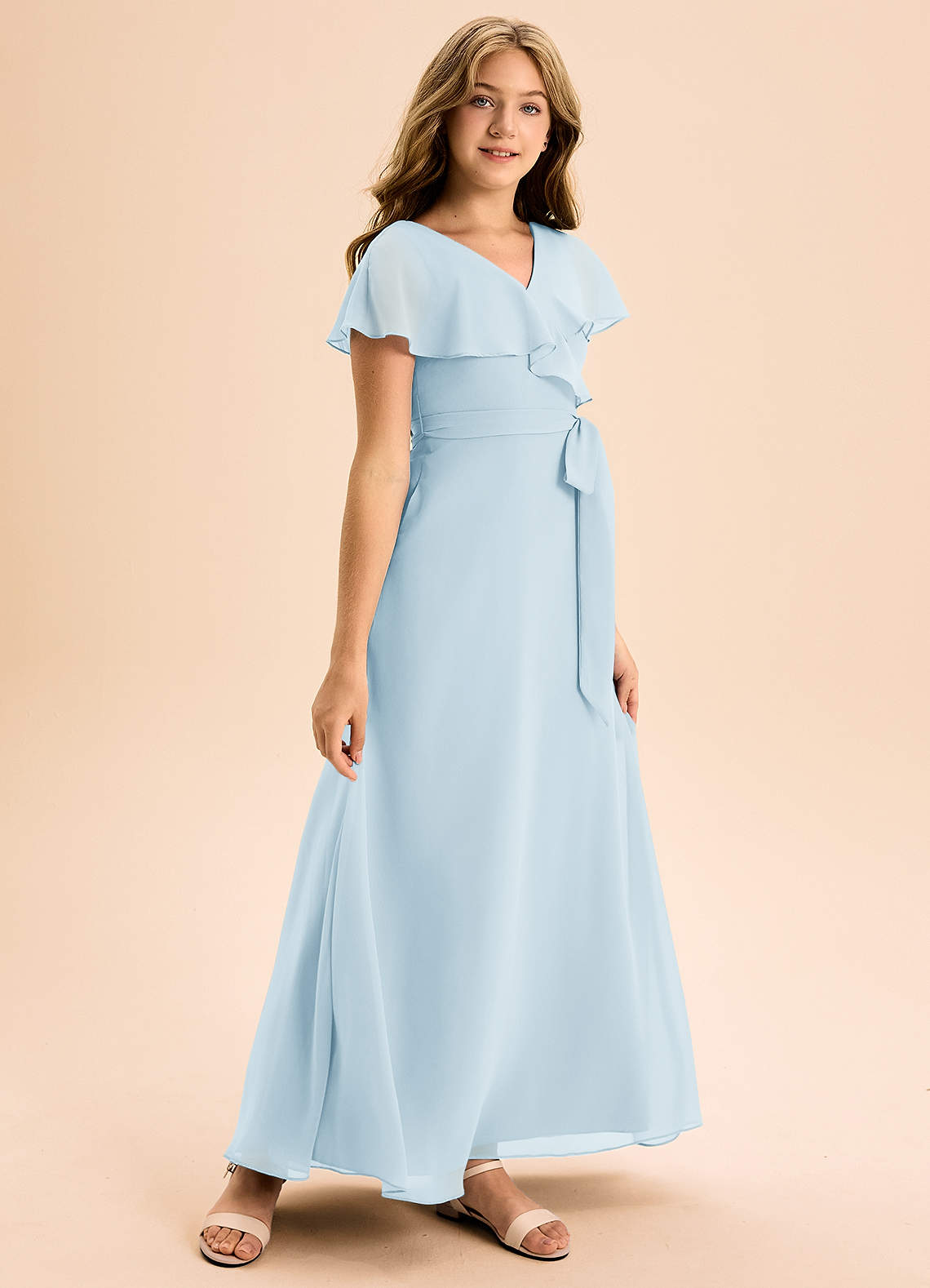 Azazie Lainey Junior Vestido de Azul Cielo de Gasa de Corte En A con Con bolsillos image1