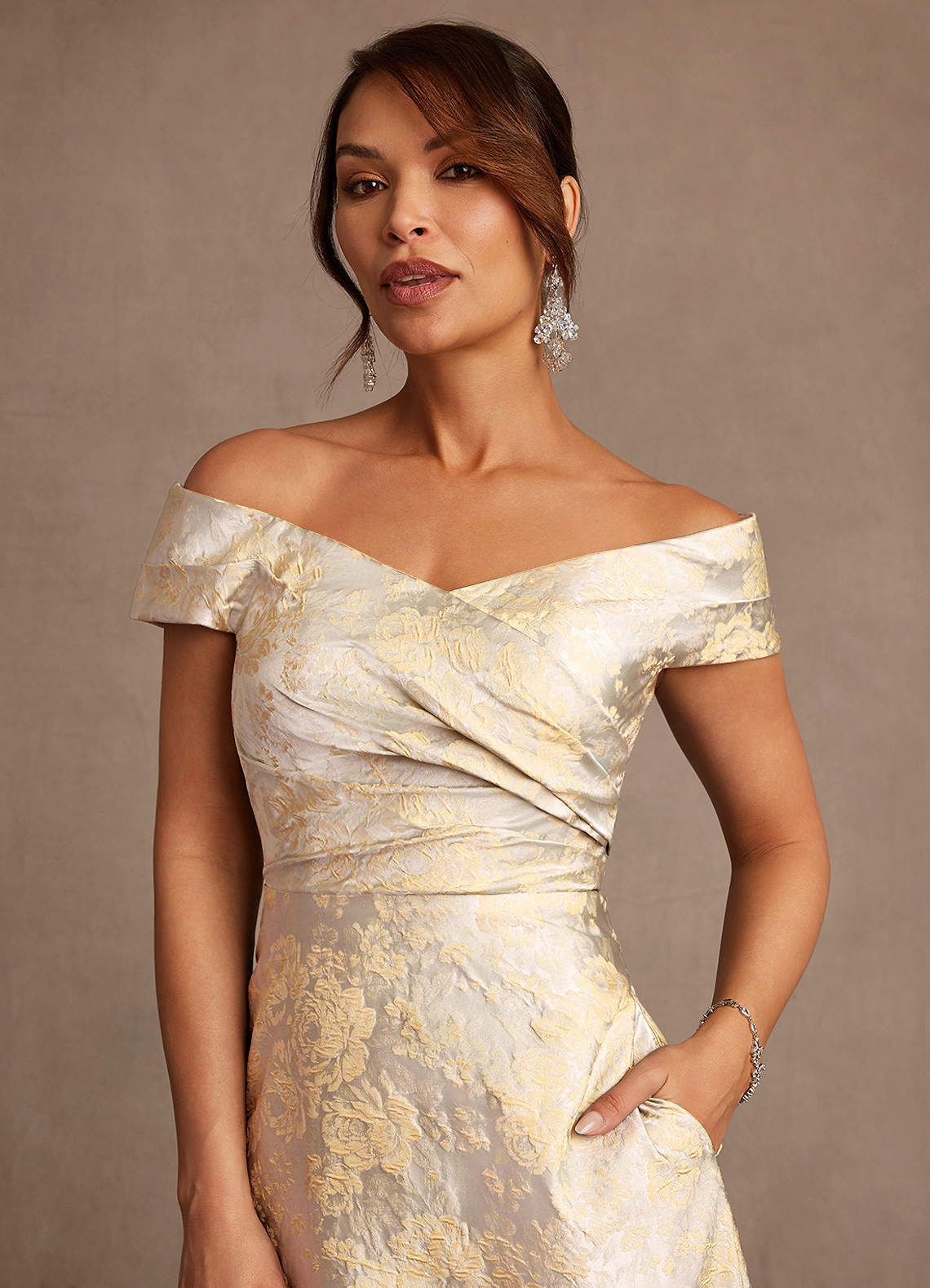 Azazie Beatrix Vintage Champagne A-Line Off the Shoulder Jacquard
