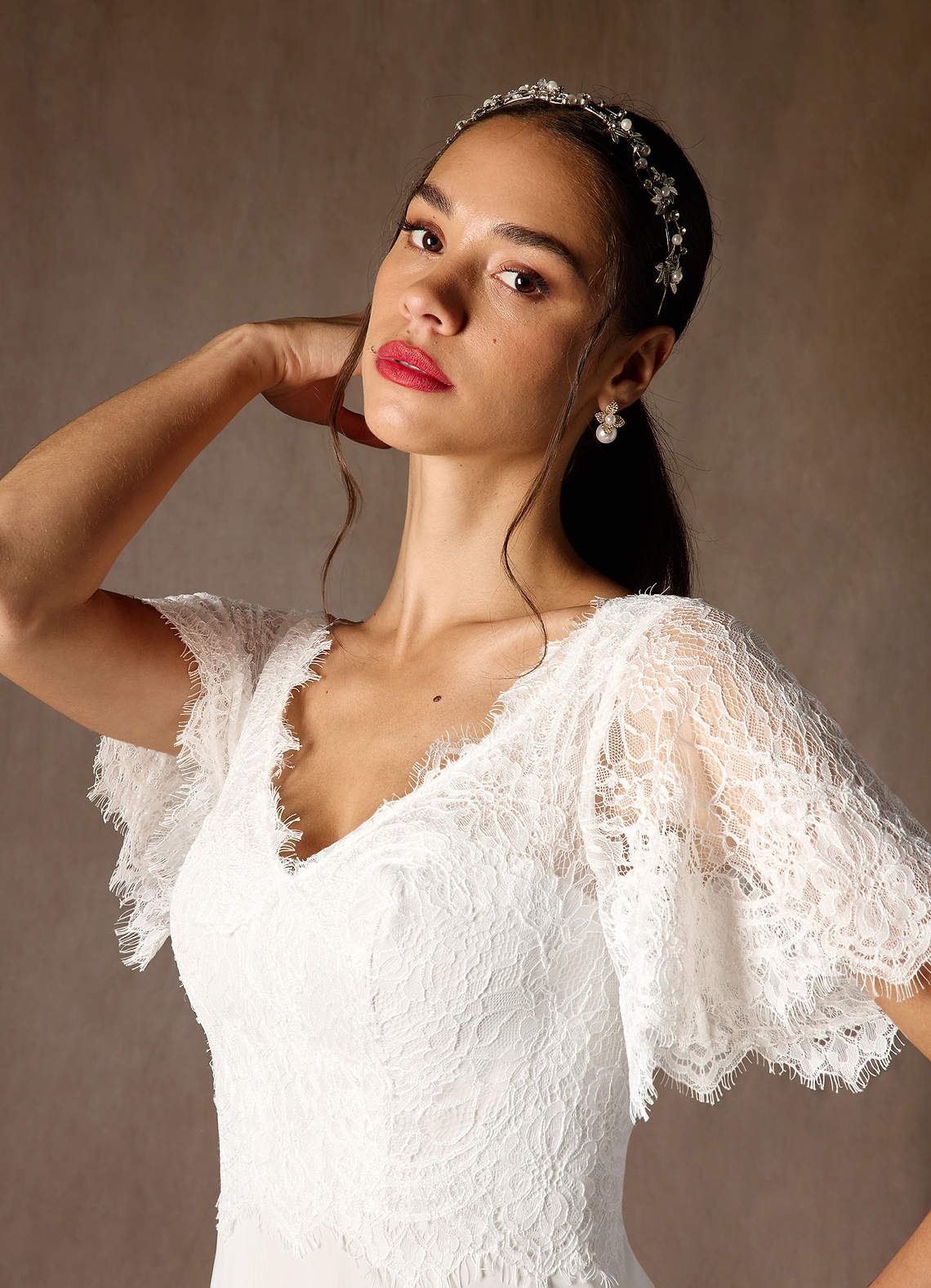 Azazie Veradis Wedding Dresses Diamond White A-Line V-Neck lace Chiffon Dress image5