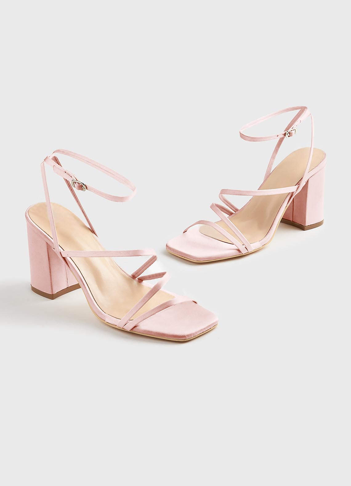 front Matching Color Matte Satin Ankle Strap Block Heel Sandals