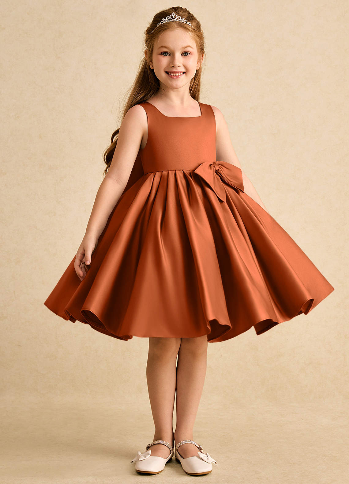 burnt orange infant dress Azazie Jessie Burnt Orange A-Line Bow Matte Satin Dress