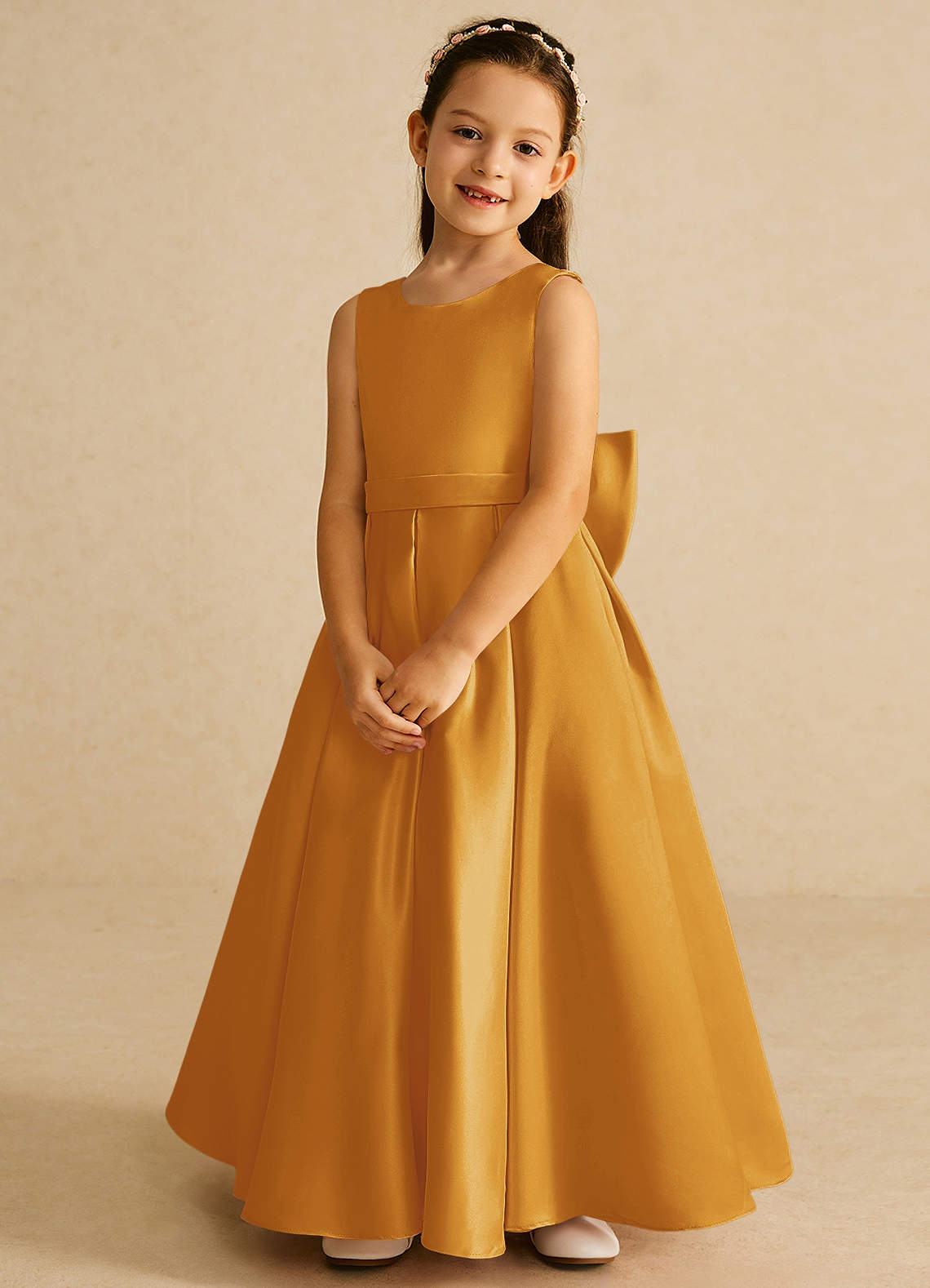 Azazie Pipsy Robe Demoiselle D'honneur Fillette Robe Trapèze en Mat Satiné Arc Caramel écossais image3