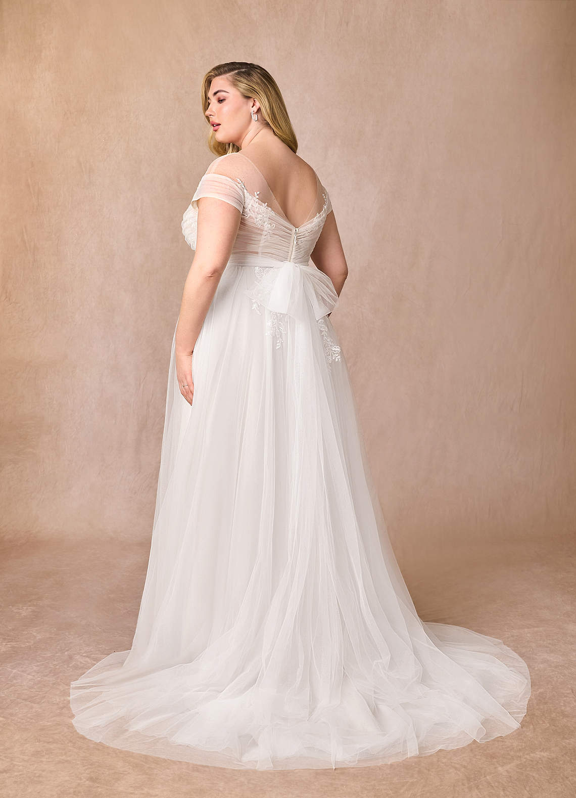 Azazie Cindy Wedding Dresses Diamond White A-Line Illusion Off-The-Shouler Lace Tulle Dress image2