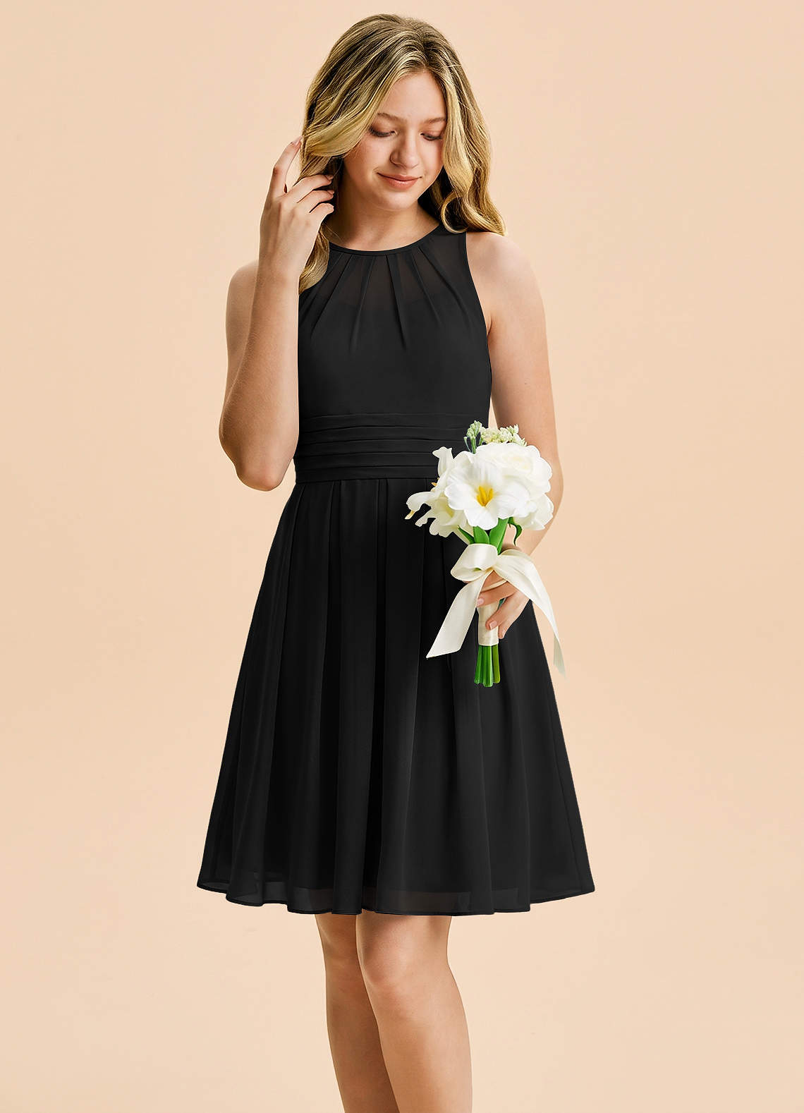 knee length black dresses for juniors Azazie A-Line/Princess Scoop Neck Mini Chiffon Junior Bridesmaid beginner ballroom dance dress