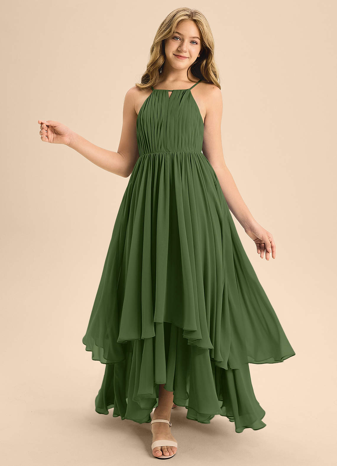 Azazie Elliora Junior Olive A-Line Pleated Chiffon Dress image1