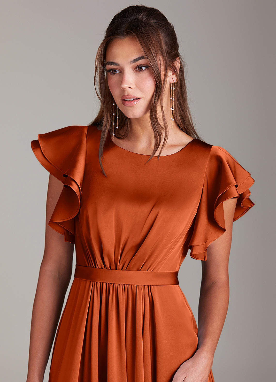 Azazie Daphne Modest Bridesmaid Dresses A-Line Ruched Stretch Satin Floor-Length Dress image4