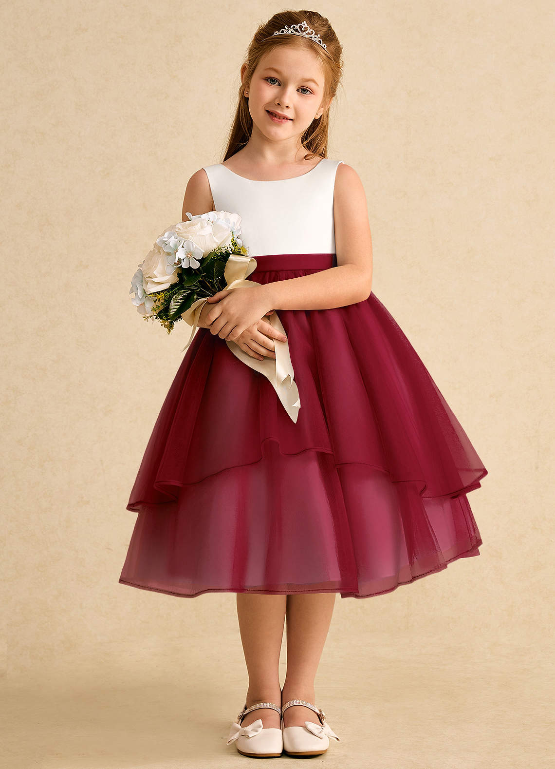Azazie Rene Ivory Burgundy A-Line Bow Tulle Dress | Azazie Azazie Rene Ivory Burgundy A-Line Bow Tulle Dress | Azazie