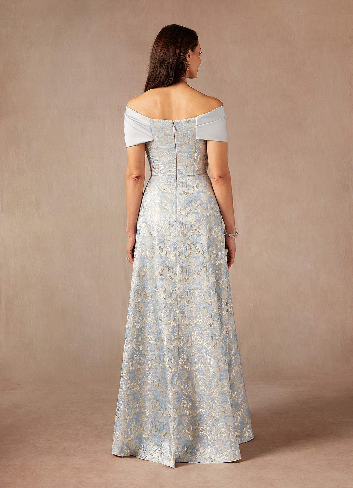 Azazie Amelia Mother of the Bride Dresses Dusty Blue A-Line Off the Shoulder Jacquard Dress image4