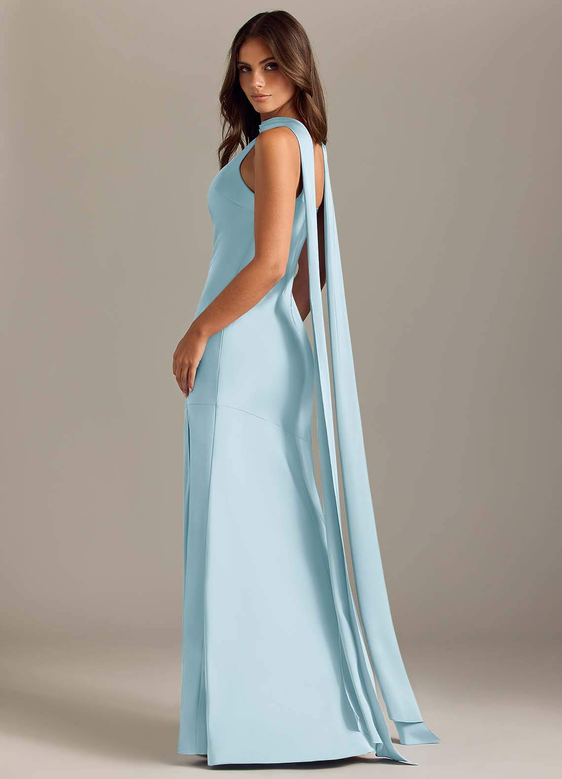 Azazie Kinsley Vestidos de madrinha de casamento Vestido Céu Azul de Cetim elástico de sereia com Fenda Lateral image5