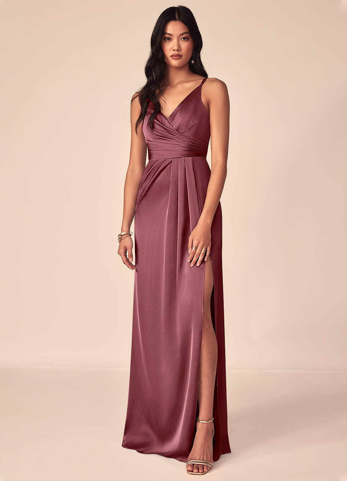 Azazie Aqua Brautjungfernkleider A-Linie V-Hals Gefaltet Stretch-Satin Kleid Wüstenrose image1