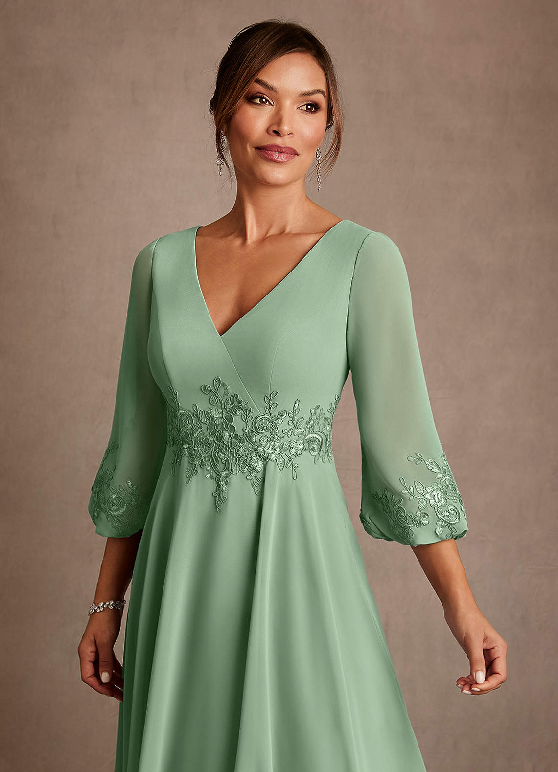 Azazie Ana At-home Try On Dresses Champagne A-Line Lace Chiffon Dress image4