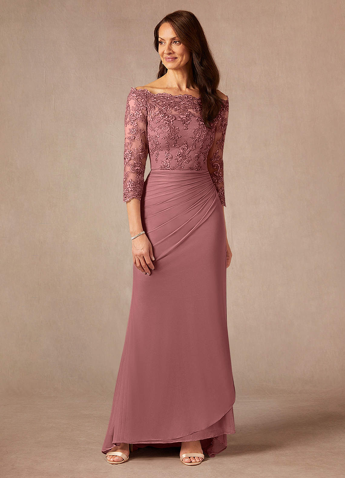 Azazie Rhonda Abiti per la Madre della Sposa Abito Sirena in Maglia a Spalla Scoperta Rosa Del Deserto image1
