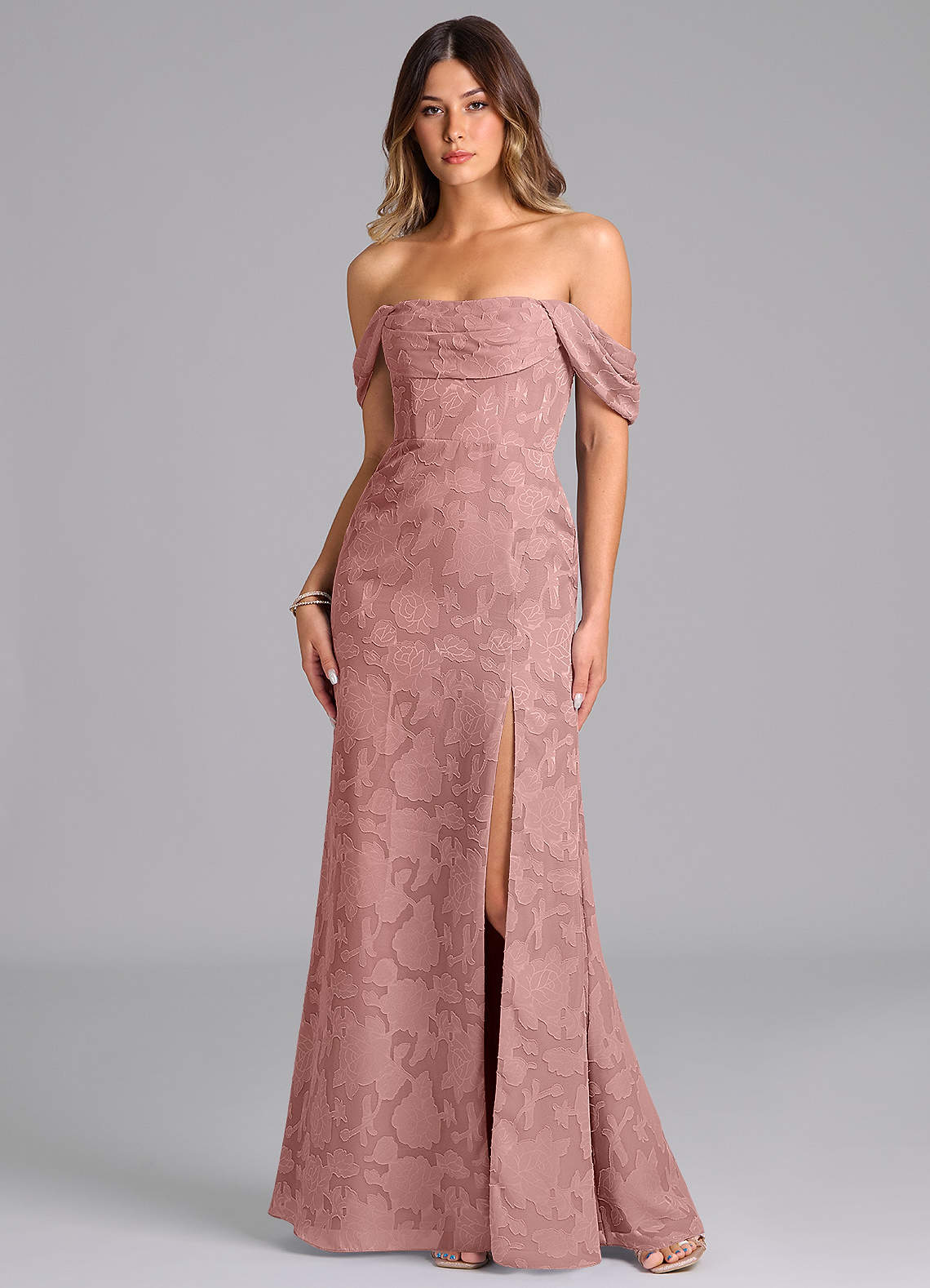 Azazie Saige Bridesmaid Dresses Dusty Rose A-Line Off the Shoulder Floral Burnout Convertible Dress image1