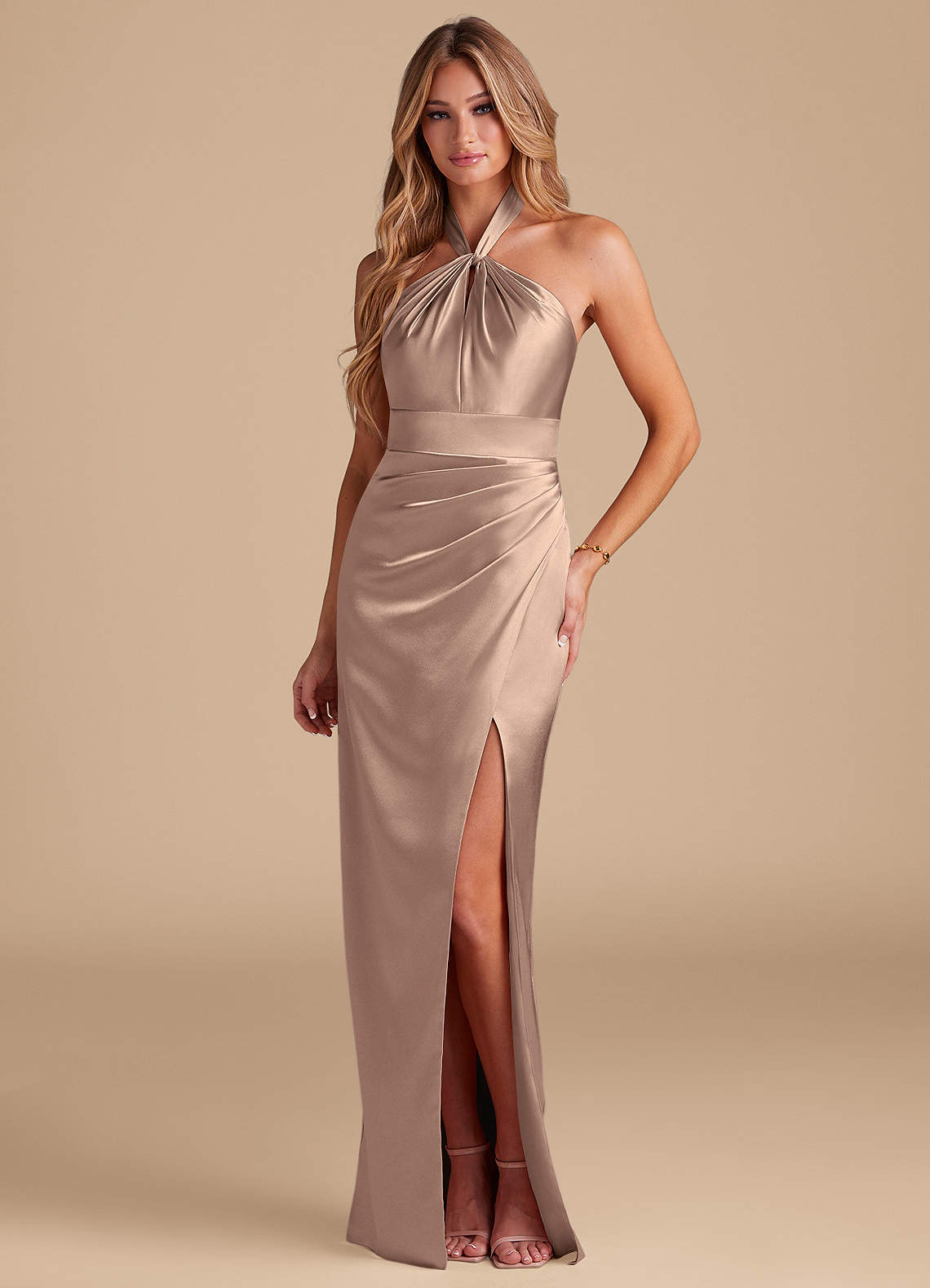 Azazie Zaya Bridesmaid Dresses Taupe Sheath Pleated Metallic Satin Dress image1