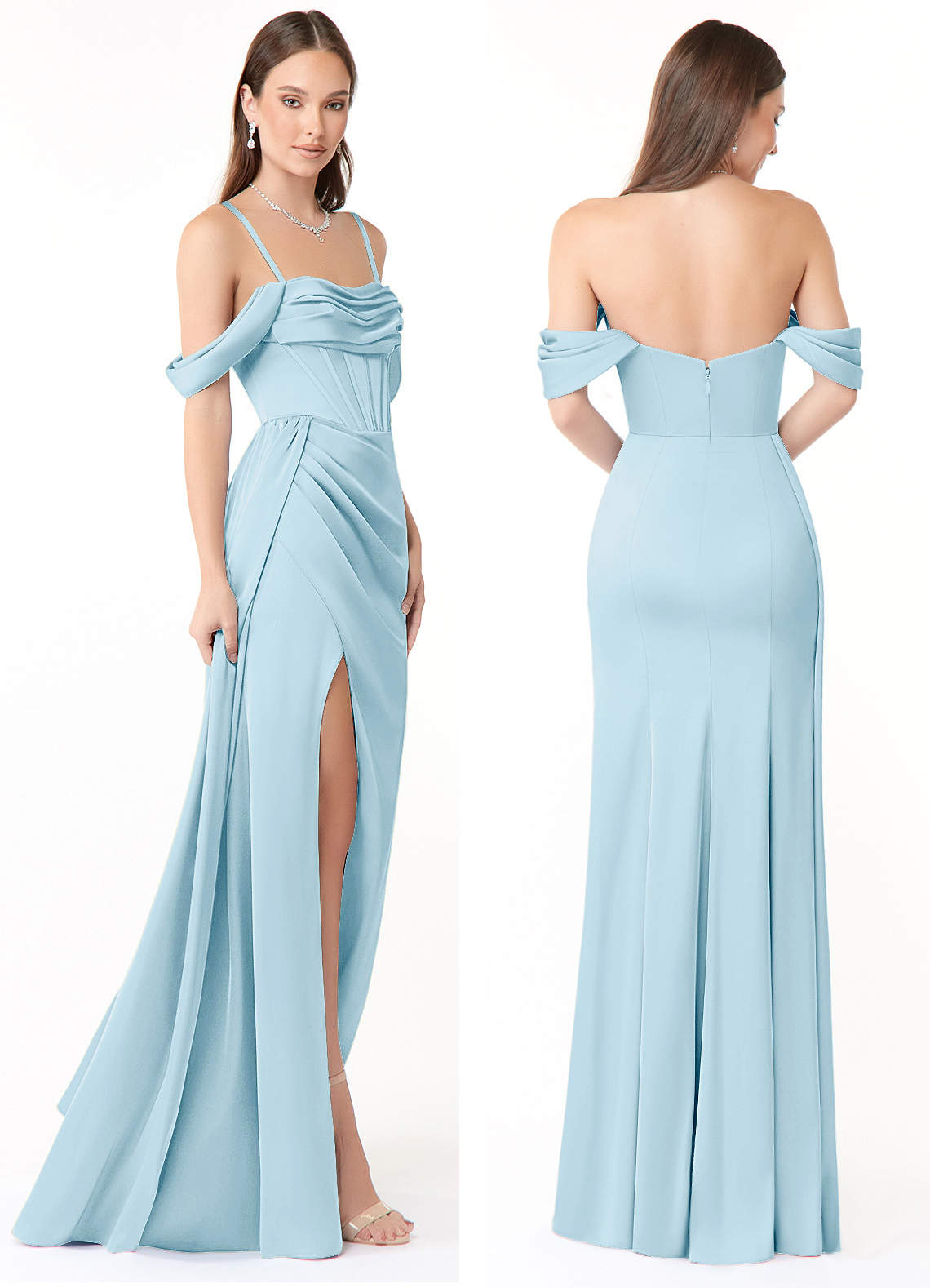Azazie Amyra Bridesmaid Dresses Sky Blue Mermaid Off the Shoulder Stretch Satin Convertible Dress image8