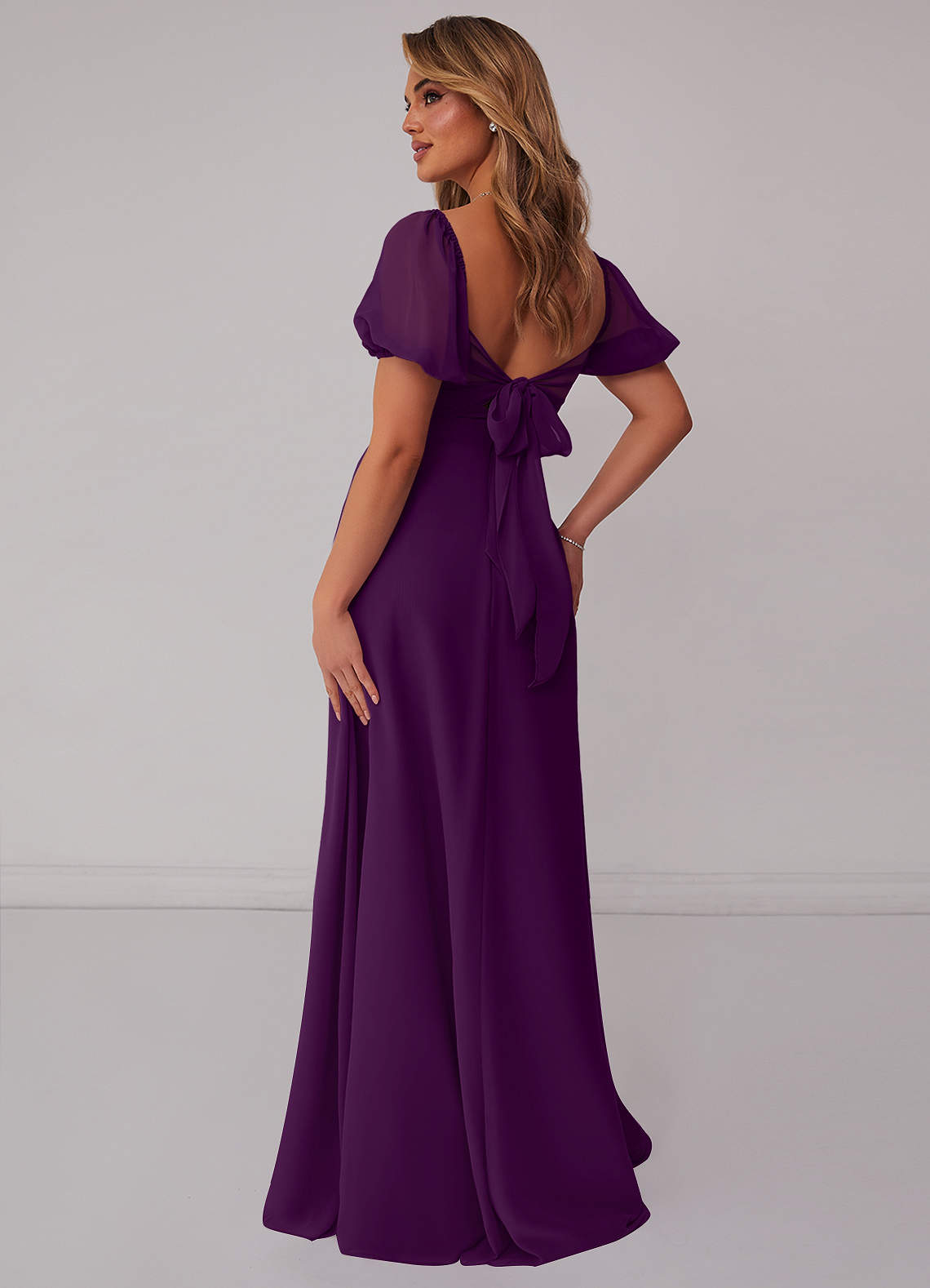Grape Chiffon A-line Dress with Puff Sleeves Bridesmaid Dresses | Azazie
