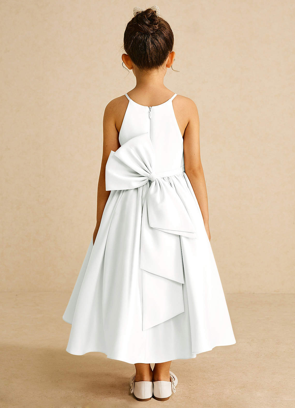Azazie Sunray Flower Girl Dresses Diamond White A-Line Spaghetti Strap Matte Satin Dress image1