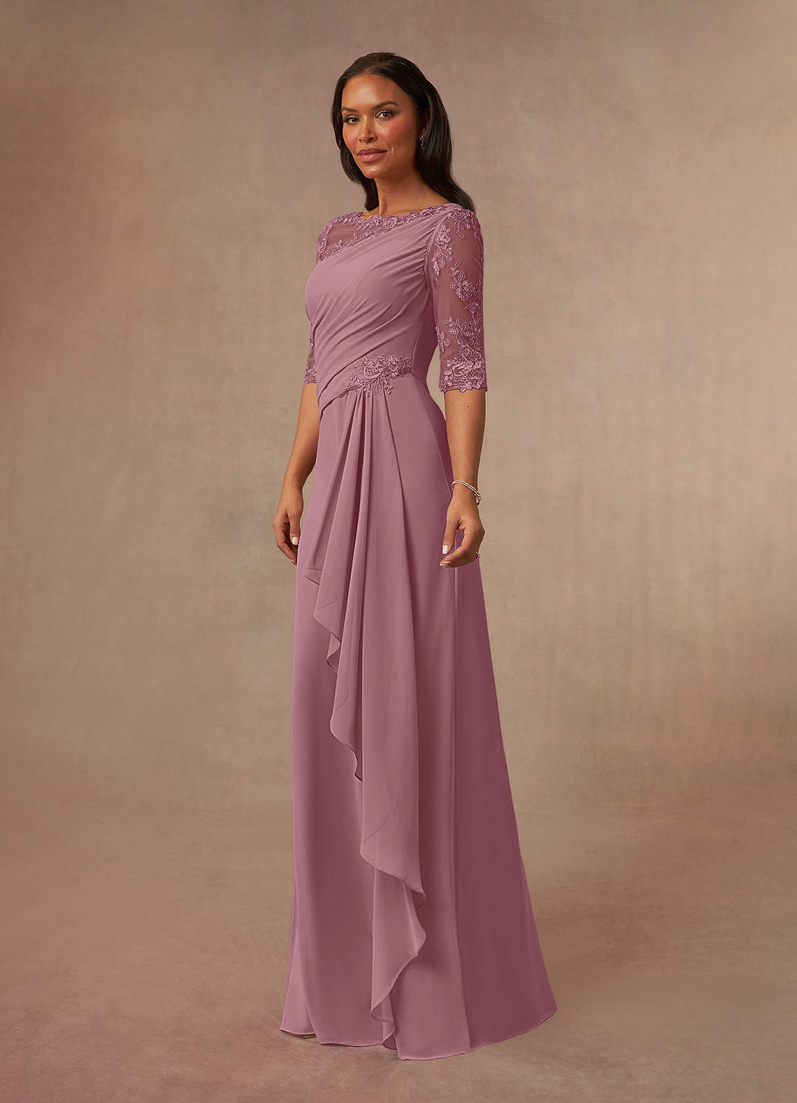 Mystrada オケージョンドレス　38 Azazie Dionysus Vintage Mauve A-Line Boatneck Lace Chiffon Dress