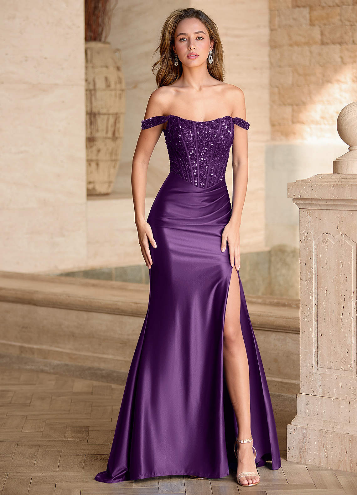 fitted lace wedding dress Long Sequin-Velvet Prom Dress with Feathers