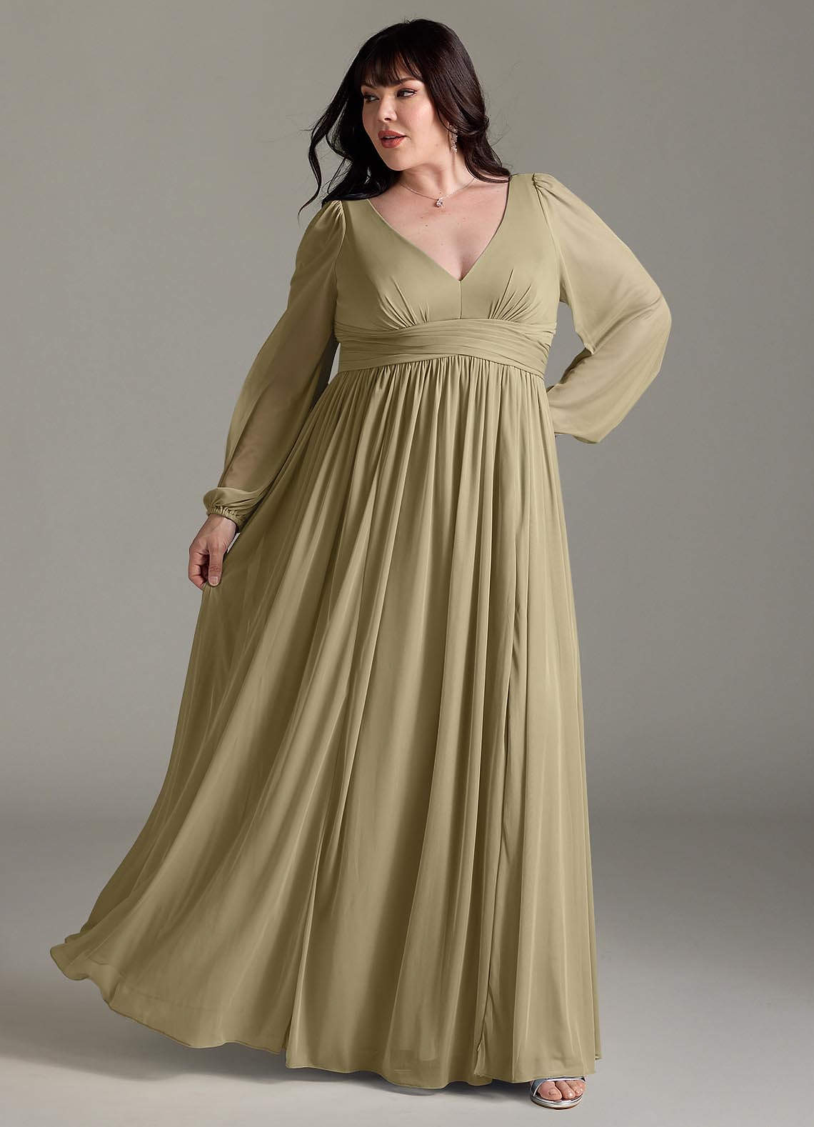 Azazie Norah Vestidos de madrinha de casamento Vestido Musgo Verde de Chiffon de Linha A com Manga comprida image7