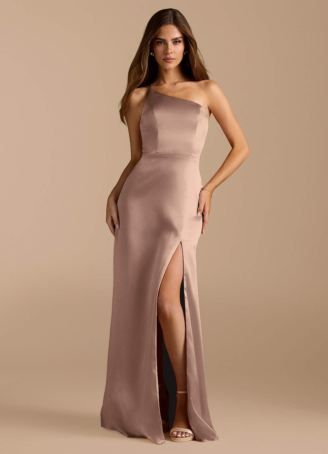 taupe a line dress Azazie Trina
