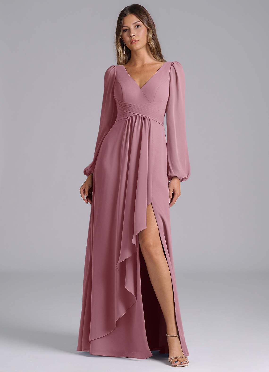 chiffon pale pink dress Maxi - Fit & Flare Silhouette with Lace V-Neck 2719 Color:Gold Champagne Crepe / Champagne Chiffon Filter: Dress Heads are sure to Navy Blue Leather Jacket
