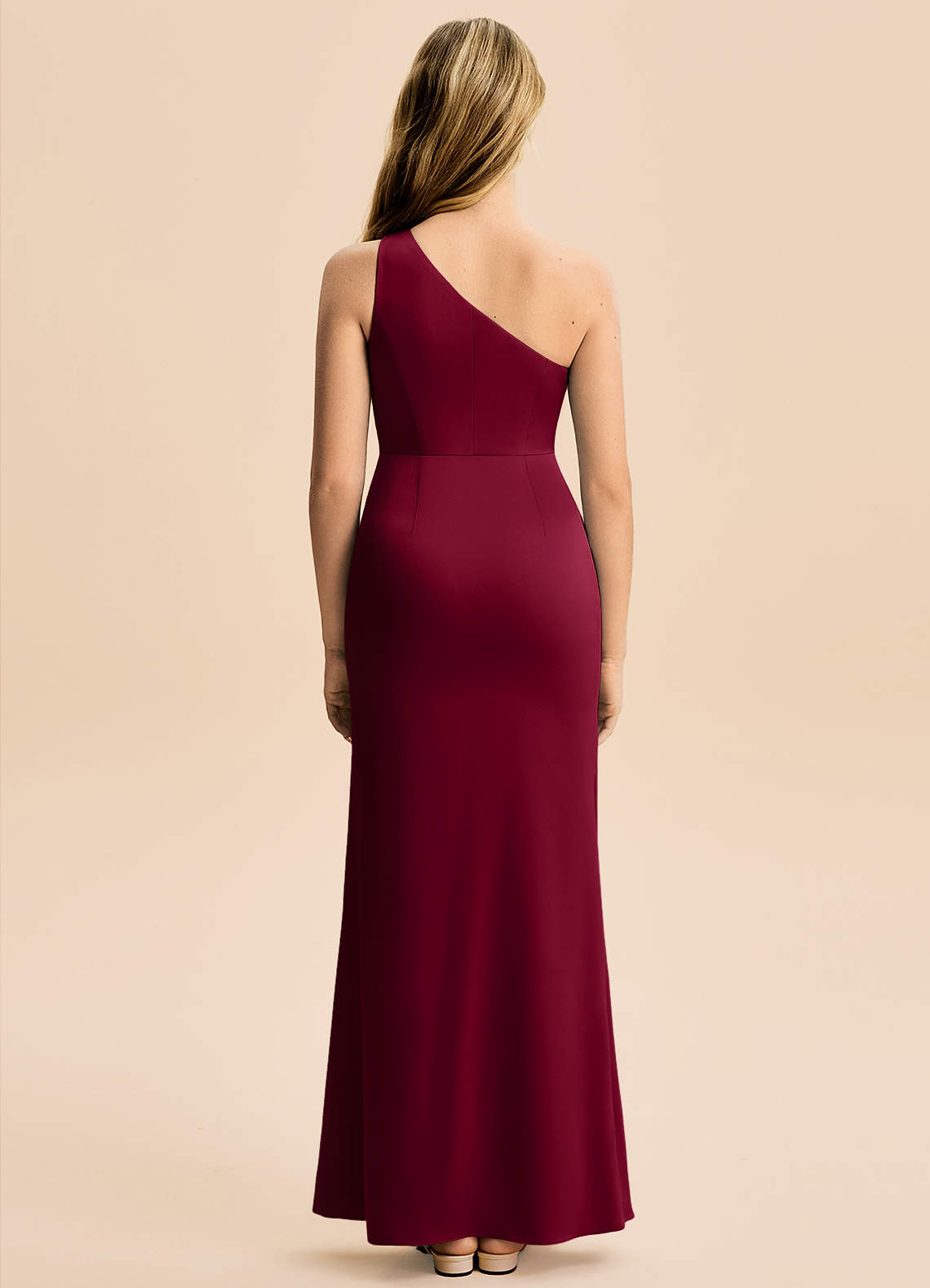 Azazie Akilah Junior Burgundy Sheath Pleated Stretch Satin Dress image5