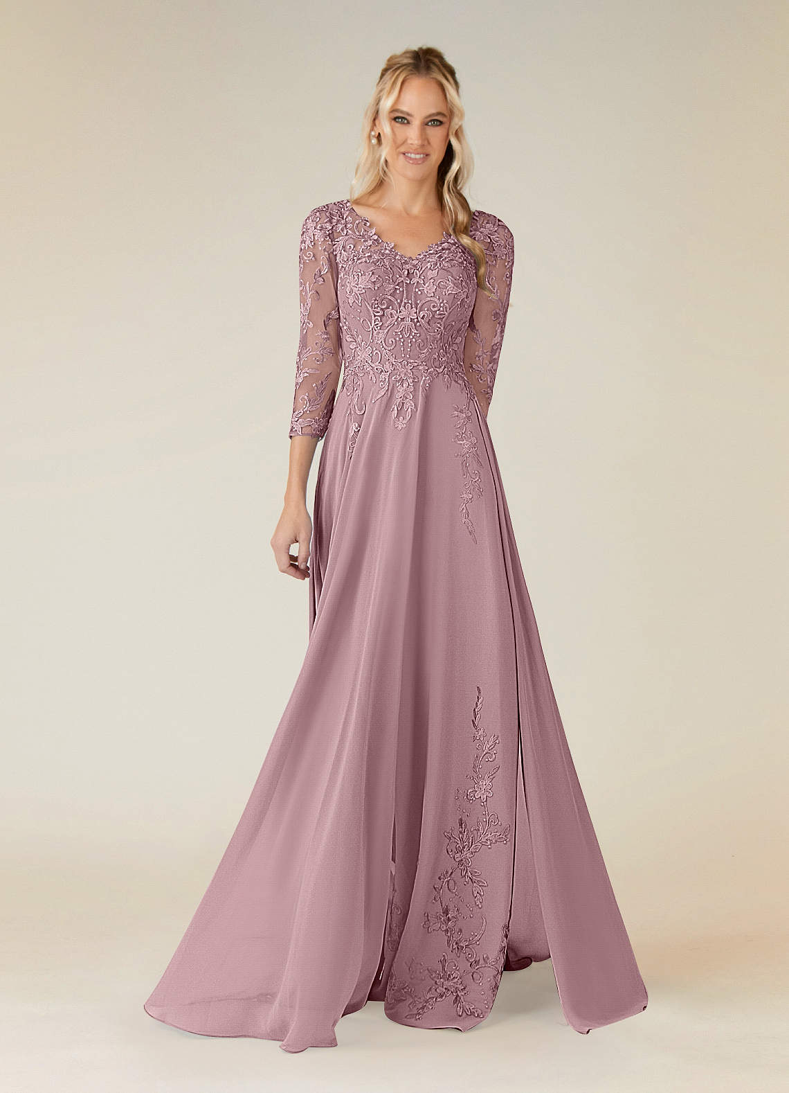 Azazie Noella Abiti per la Madre della Sposa Abito A-Line in Chiffon con Scollo a V in Pizzo Rosa Polverosa image1
