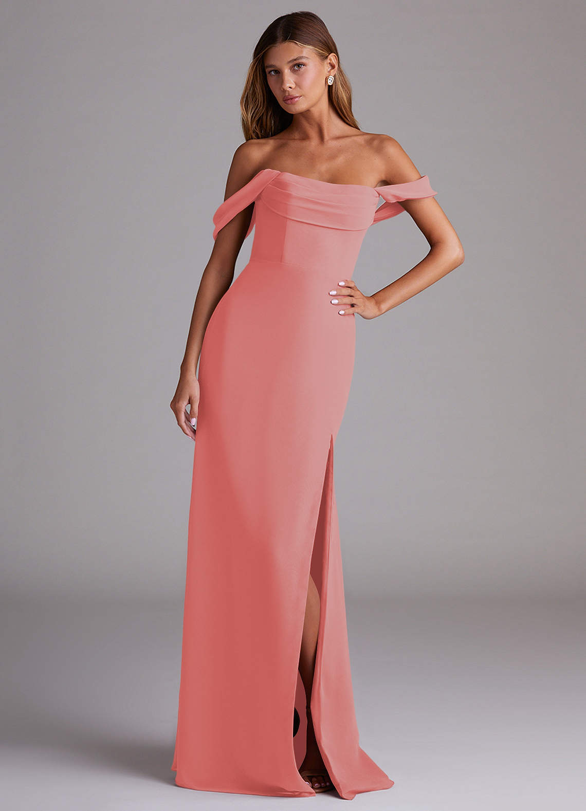 Azazie Saige Bridesmaid Dresses Coral A-Line Off the Shoulder Chiffon Convertible Dress image3