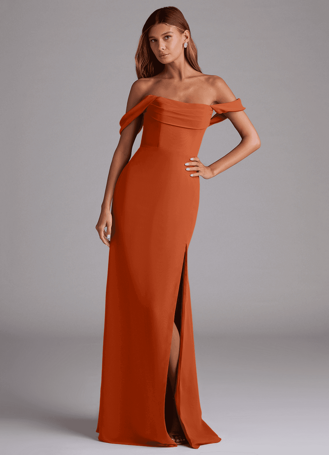 Azazie Saige Vestidos de damas de honor Vestido de Naranja Quemada de Gasa de Corte en A Convertible con Vestidos sin tirantes image3