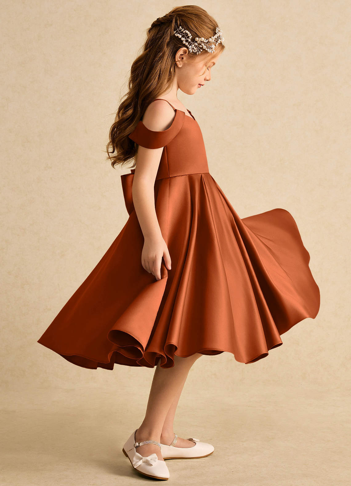 Azazie Favia Flower Girl Dresses Burnt Orange A-Line Off the Shoulder Matte Satin Dress image4