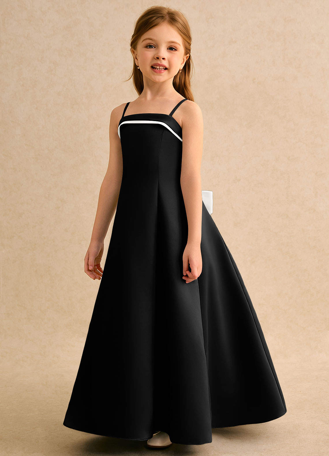 Azazie Izel Junior Formal Flower Girl Dresses Ivory Black A-Line Pleated Matte Satin Dress image7