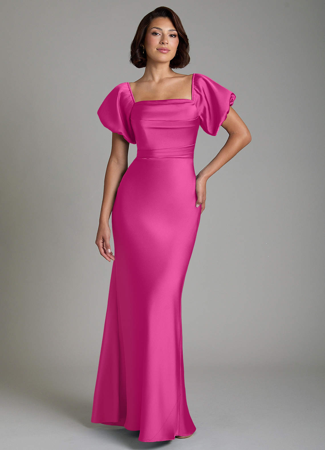 fuchsia satin bridesmaid dress Azazie Lea modern touch Size:UK32 Mission Arshiner Girls Long Sleeve