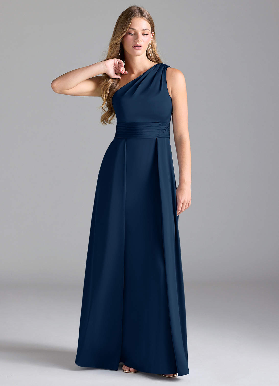 Azazie Dallas Bridesmaid Dresses Dark Navy A-Line One Shoulder Stretch Satin Dress image1