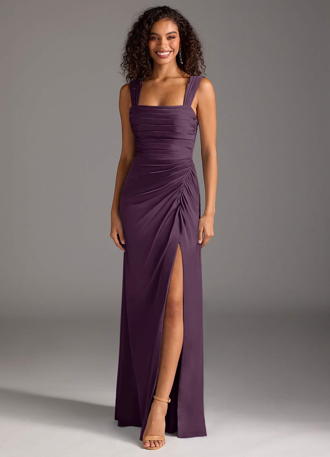 Azazie Jesaphine Bridesmaid Dresses Plum Sheath Bow Stretch Satin Dress image1