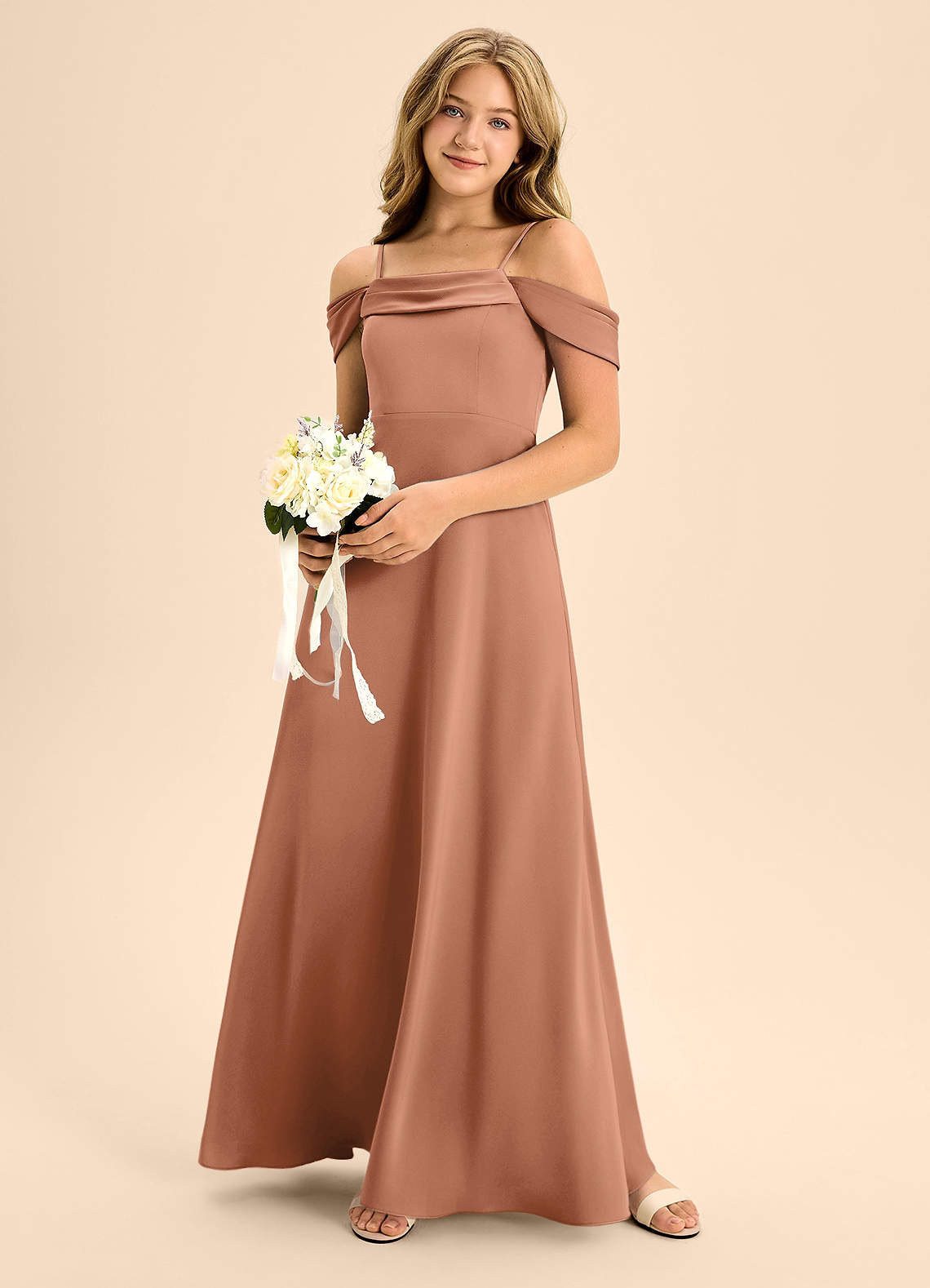 Azazie Anselie Junior Bronzer A-Line Off the Shoulder Stretch Satin Dress image1
