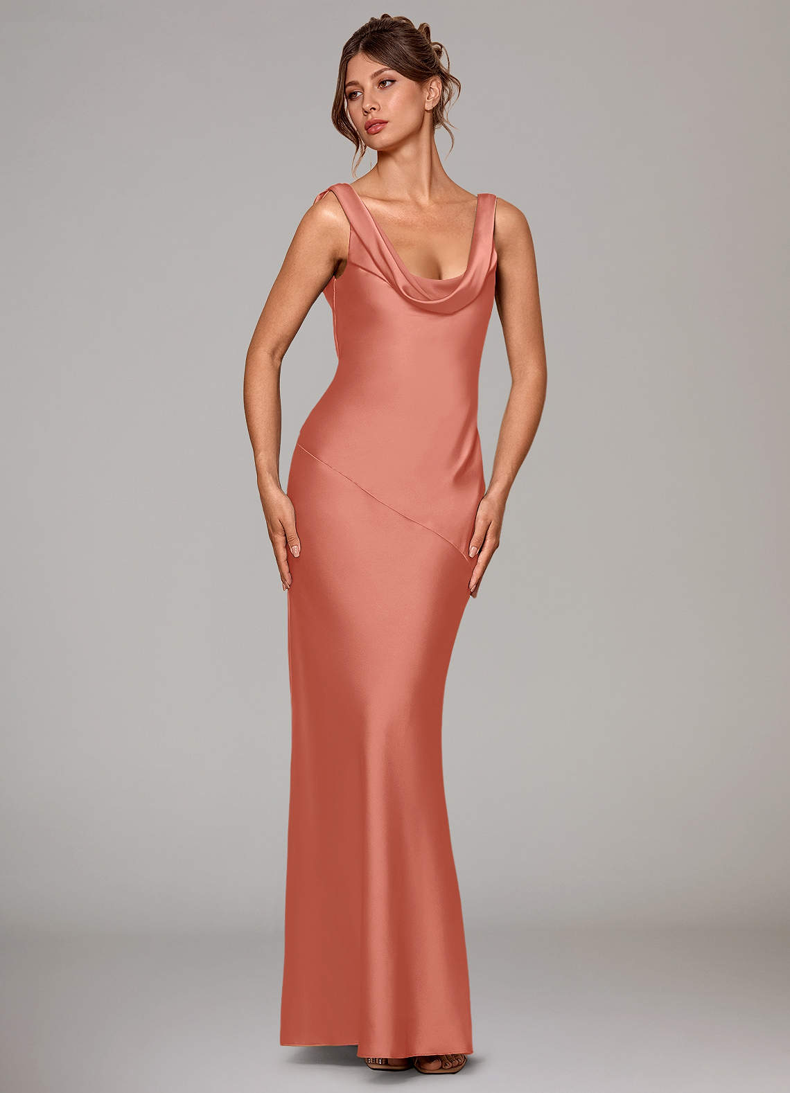 salmon homecoming dress Azazie Rylina Pink Stretch Satin Bridesmaid Dresses Bow;Pleats Sleeve
