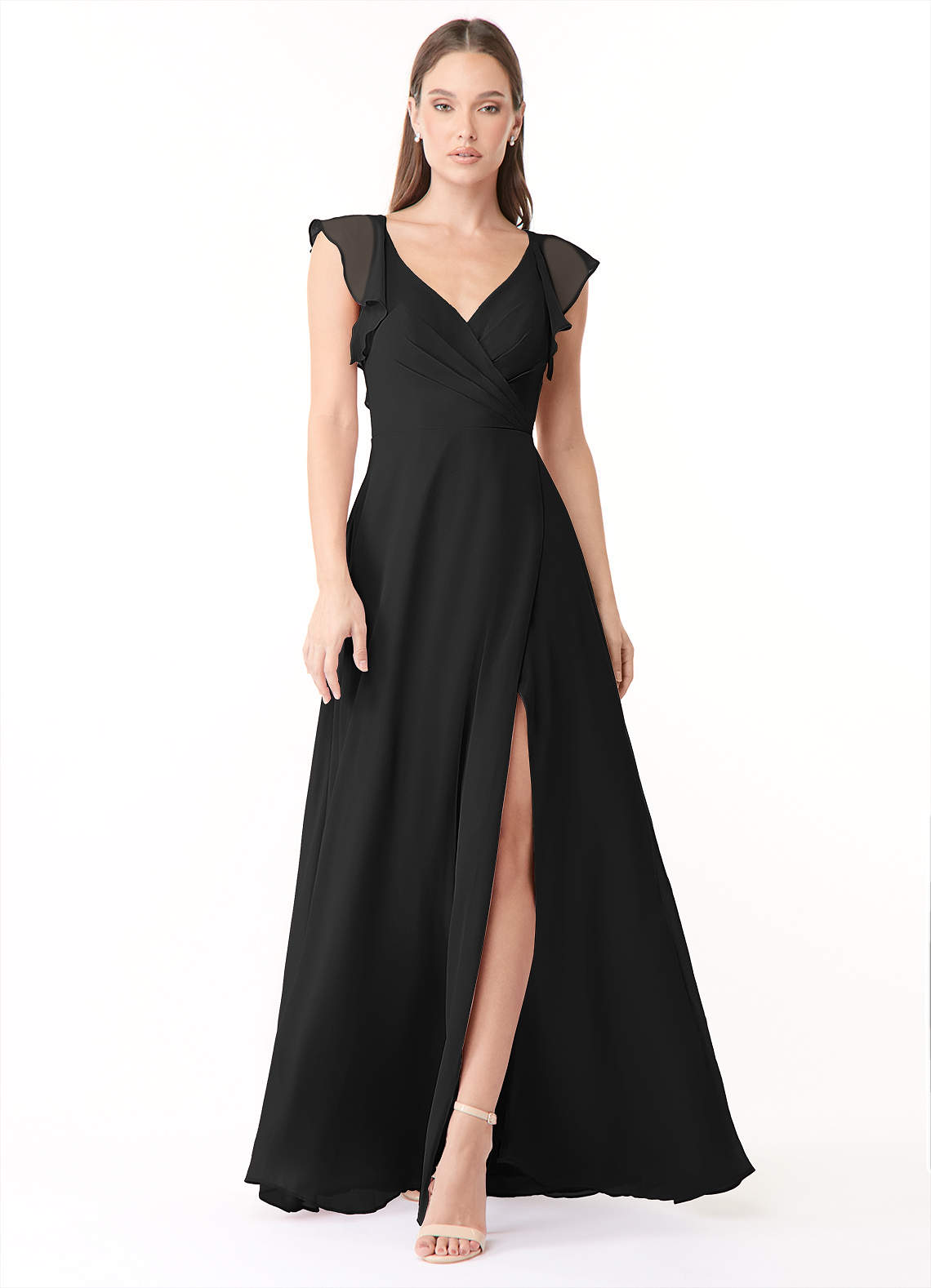 Azazie Yoko Bridesmaid Dresses Black A-Line Ruched Chiffon Dress image1