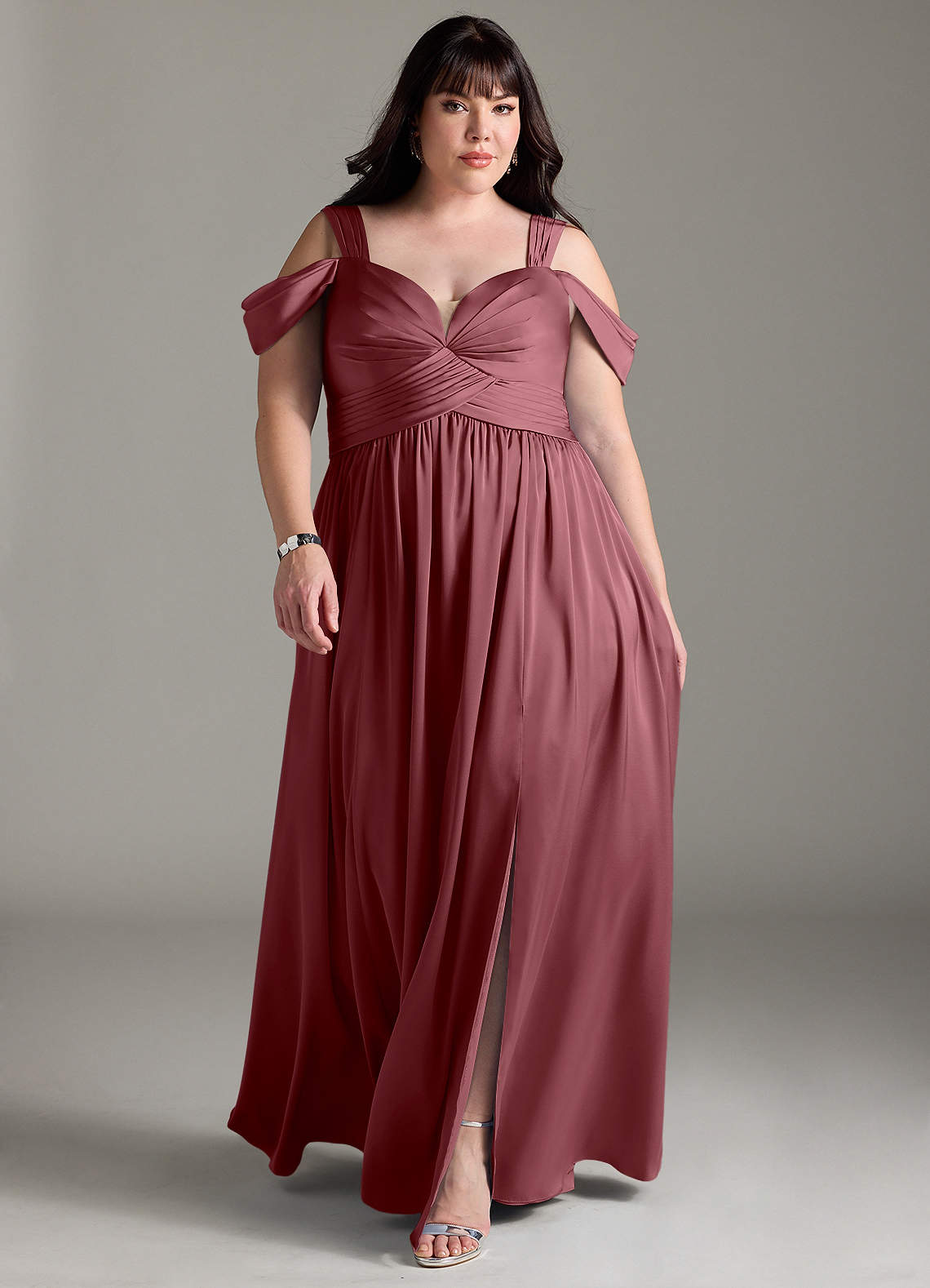 Azazie Lianne Bridesmaid Dresses Desert Rose A-Line Off the Shoulder Stretch Satin Dress image1