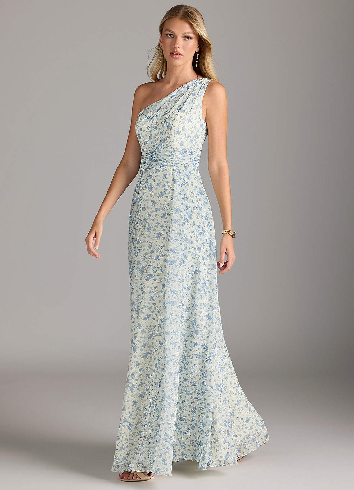 Azazie Dallas Vestidos de damas de honor Vestido de Flores Pequeñas En Azul Y Blanco de Gasa de Corte en A con Hombro unilateral image3