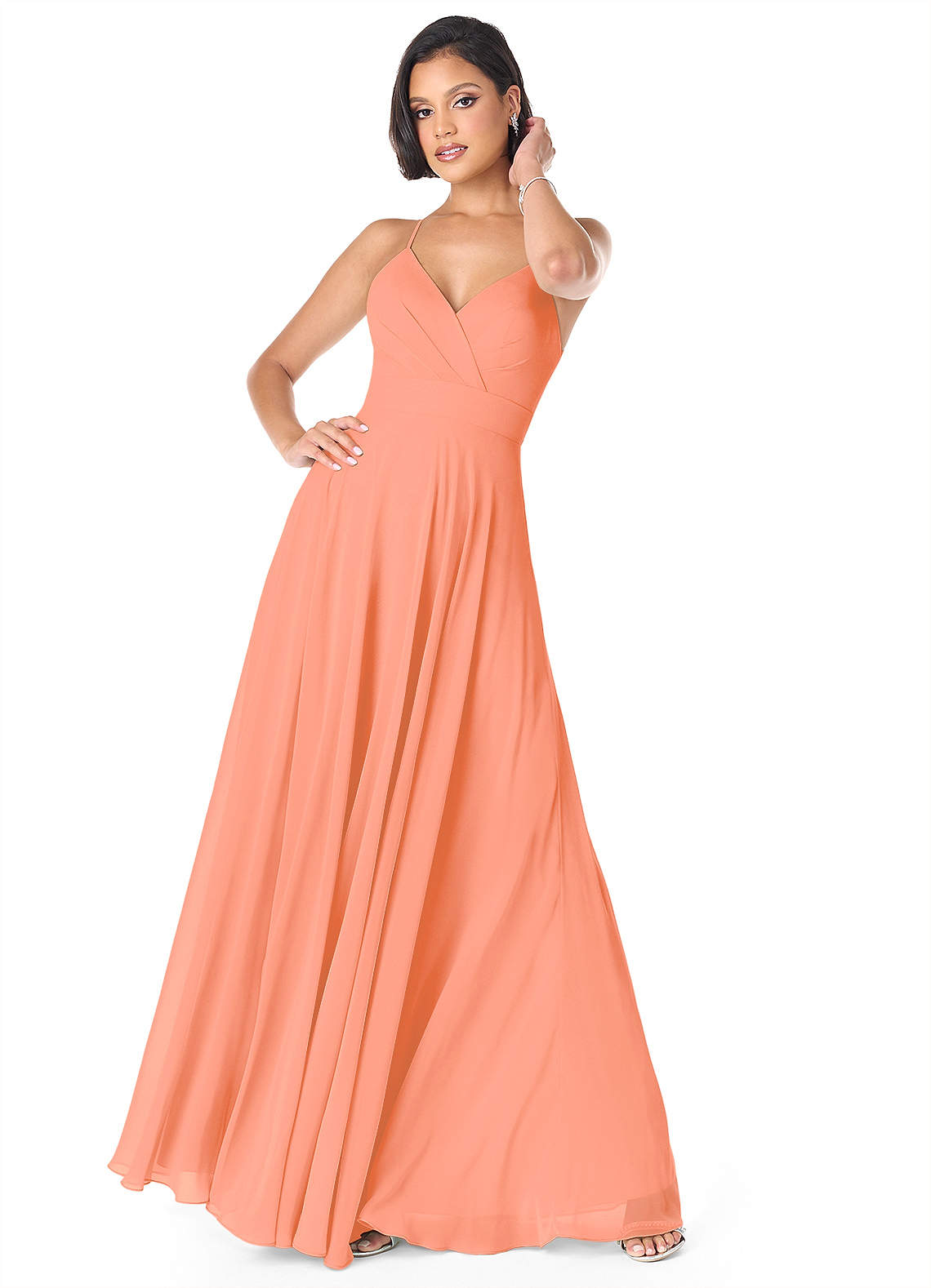 Azazie Avelina Bridesmaid Dresses Sunset A-Line V-Neck Pleated Chiffon Dress image1