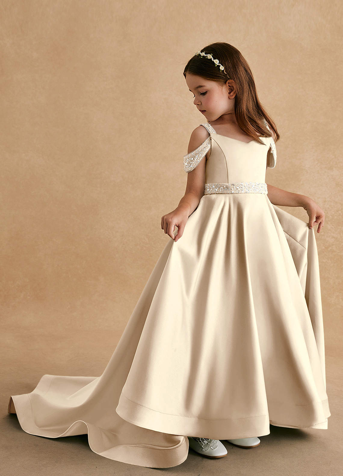 Azazie Jodi vestidos de niña de las flores Vestido de Champán de Satin Mate de Corte En A image1